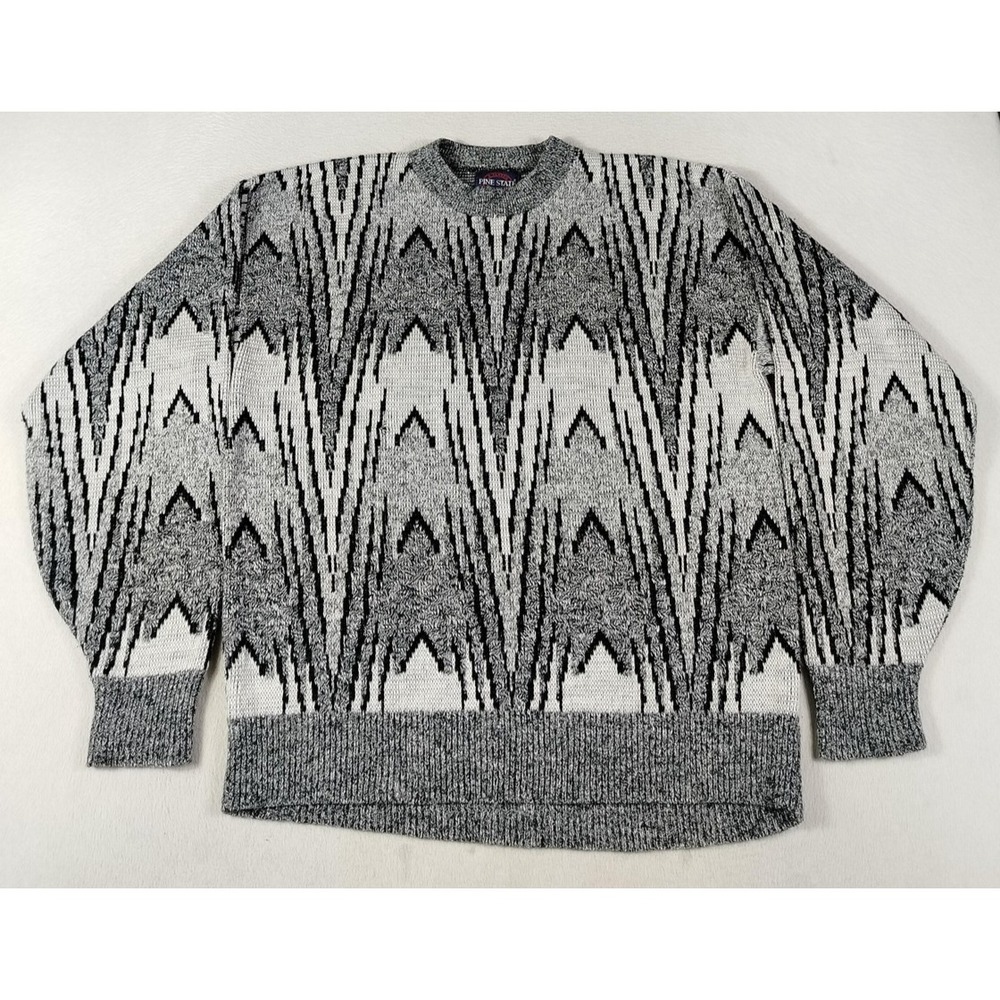 Vintage Pine State Sweater‎ Mens Large Gray Geometric Knit Grandpacore USA 80s
